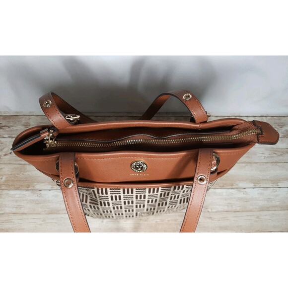 Anne Klein Tote Bag Handbag Purse Zip Top Brown/Tan Vegan Leather Canvas - Picture 9 of 15
